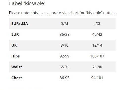 Tabela velikosti Kissable